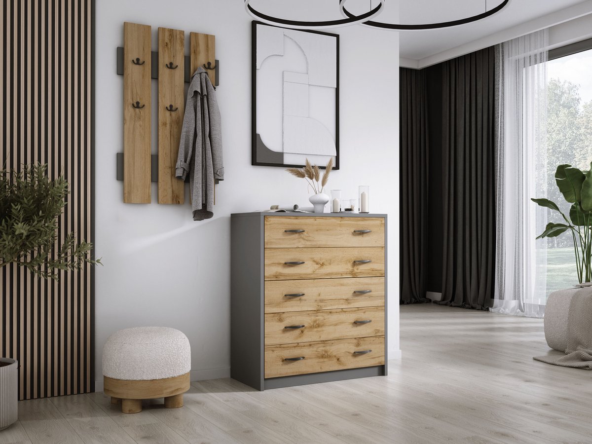 Meubel Square - Schoenenkast Footsie met Kapstok - Antraciet / Eiken - Schoenenrek met 5 kleppen - Halmeubel (9503193837220)