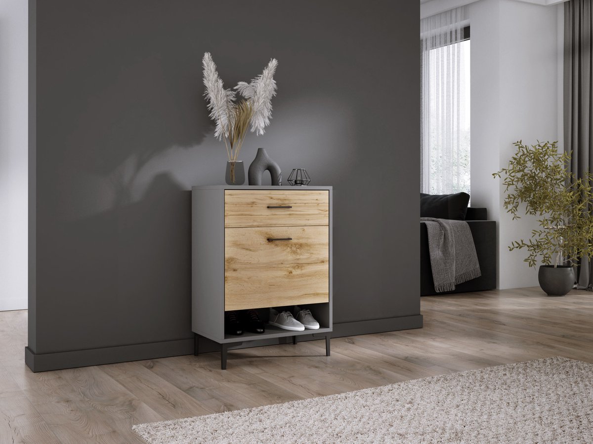 Meubel Square - Schoenenkast NOX met lade - Antraciet / Eiken - Halmeubel (9508147567994)