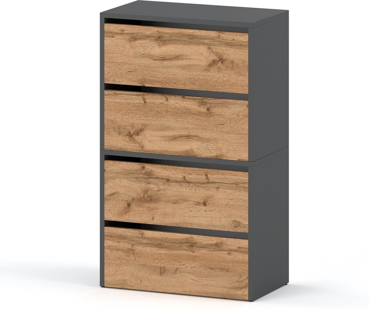 Meubel Square - Schoenenkast STEP - Set van 2 - Eiken / Grijs - Modulaire schoenenkast zonder handgrepen (9502551361261)