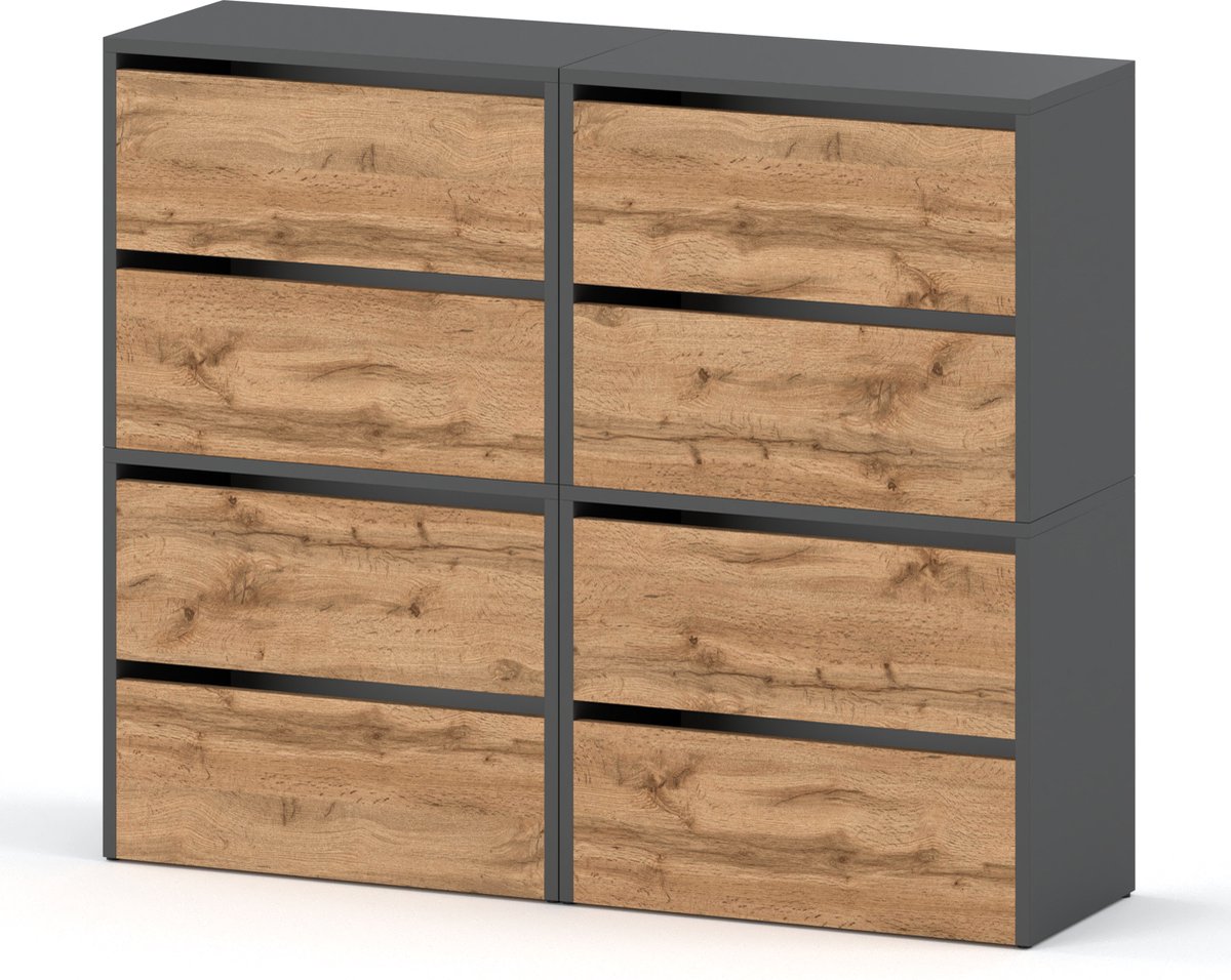 Meubel Square - Schoenenkast STEP - Set van 4 - Eiken / Grijs - Modulaire schoenenkast zonder handgrepen (9503835449422)