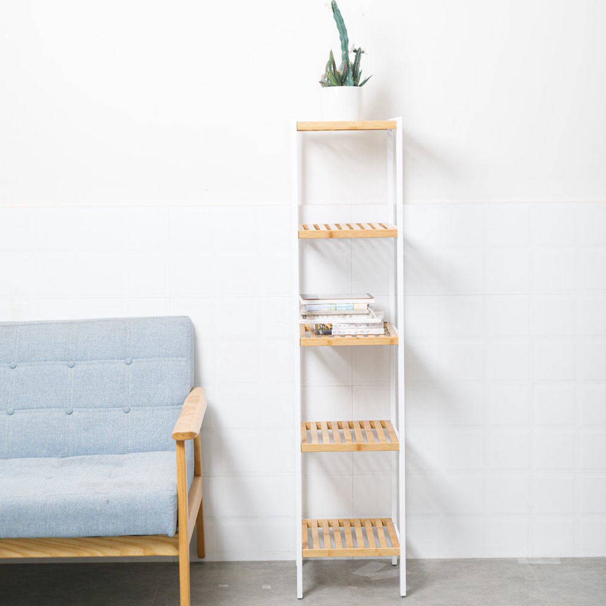 Opbergrek van bamboe hout - Badkamerrek - Schoenenrek - Keukenrek - Opbergkast - 5 etages - Keuken rek - 33x33x146 Cm (0090165151686)