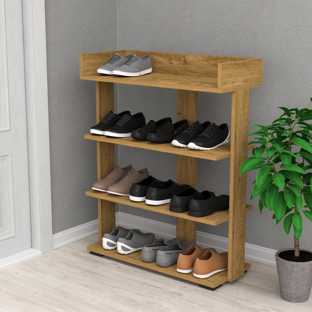 ROI - Schoenenrek 4 niveaus - Houten Schoenenrek - Honing Bruin - 65x65x29cm (6095657448477)