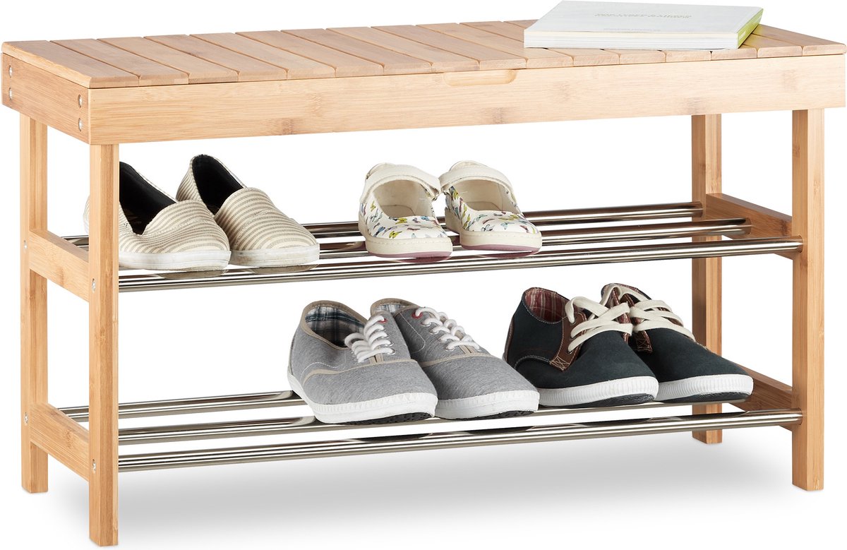 Relaxdays halbank - voor 6 paar schoenen - met opbergruimte - 43x74x30 cm - bamboe (4052025215668)