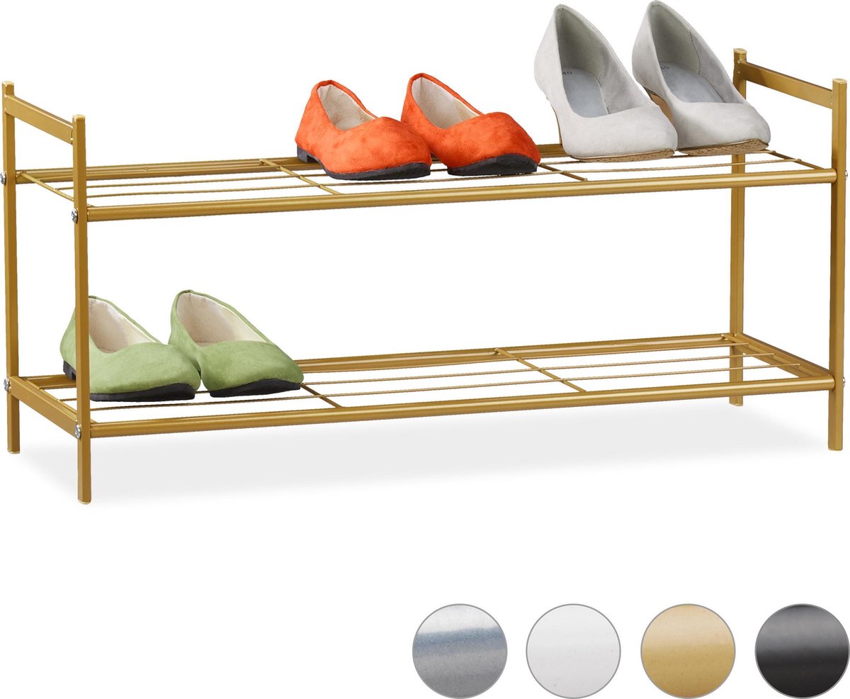 Relaxdays schoenen opbergrek - 2 laags - 6 paar - metaal - 33,5x69,5x26 cm - goud (4052025907235)