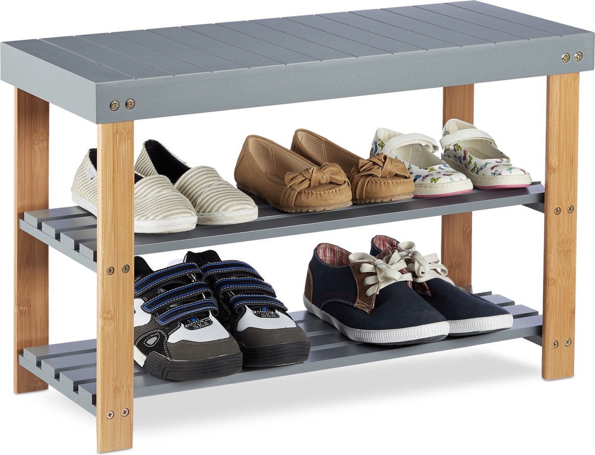 Relaxdays schoenenbank - bamboe - 2 laags - 45 x 70 x 28,5 cm - halbank - grijs (4052025222093)