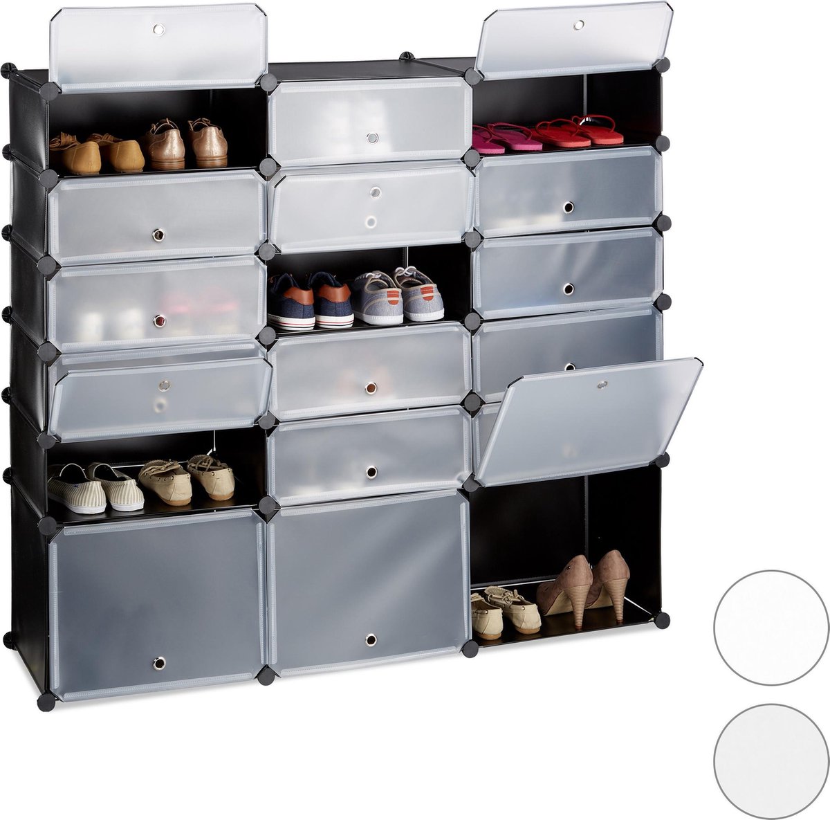 Relaxdays schoenenkast - kunststof - 18 vakken - 125x140x36 cm - met deuren - zwart (4052025942458)