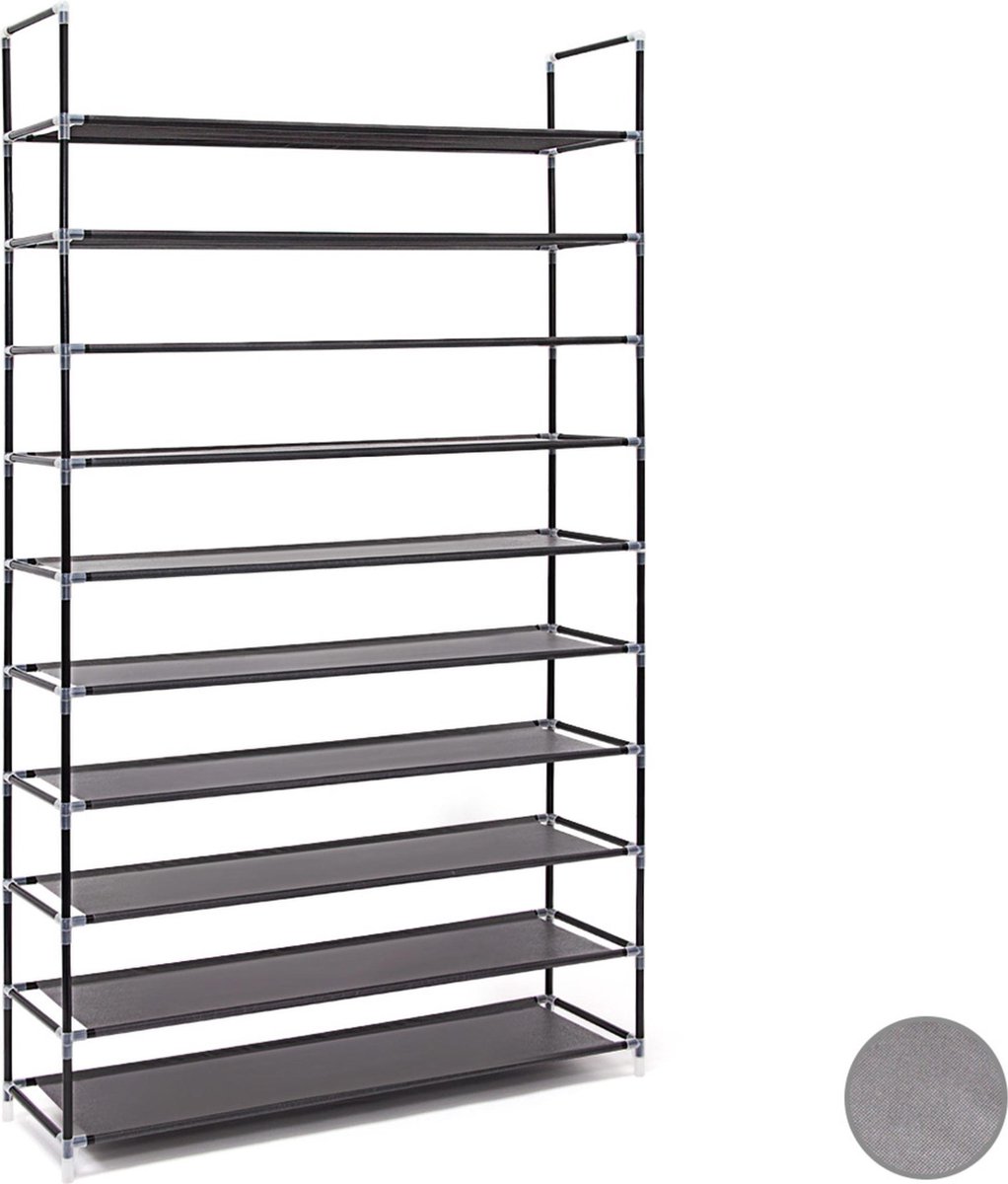 Relaxdays schoenenrek - 10 etages - 50 paar - 175,5x100x29 cm - metaal - stof - bordeaux (4052025891336)