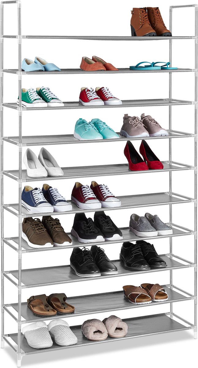 Relaxdays schoenenrek - 10 etages - 50 paar - 175,5x100x29 cm - metaal - stof - grijs (4052025047344)