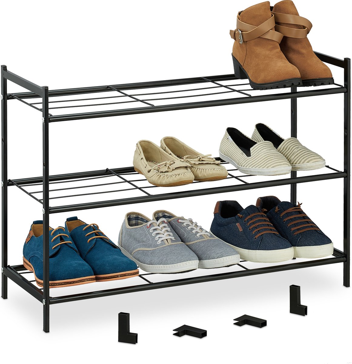 Relaxdays schoenenrek - 3 etages - stapelbaar - uitbreidbaar - 50x70x26 cm - 9 paar - zwart (4052025986919)