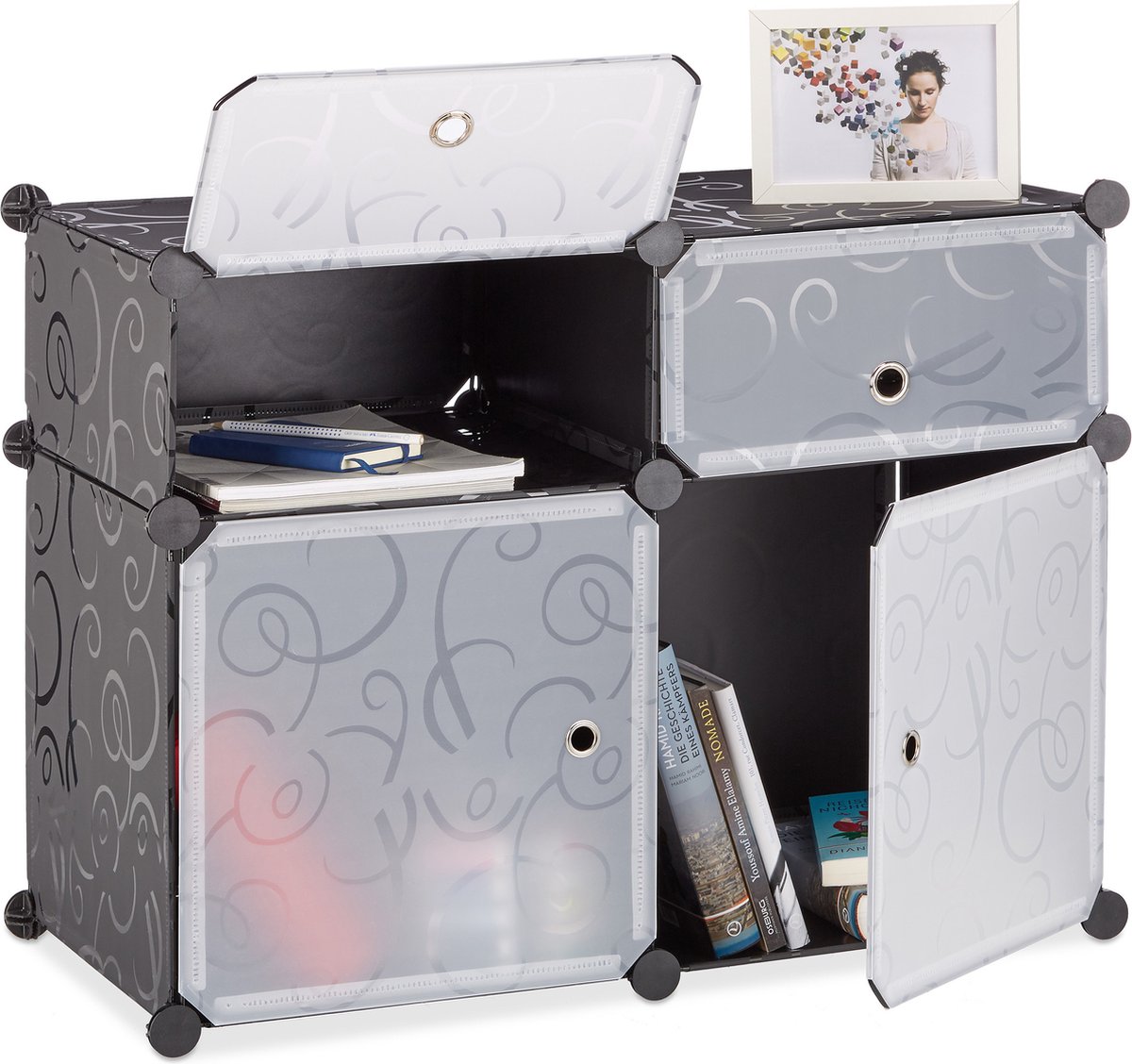 Relaxdays vakkenkast - 56 x 75 x 37 cm - 4 vakken - 2 deuren - klikverbinding - klein - zwart (4052025955786)