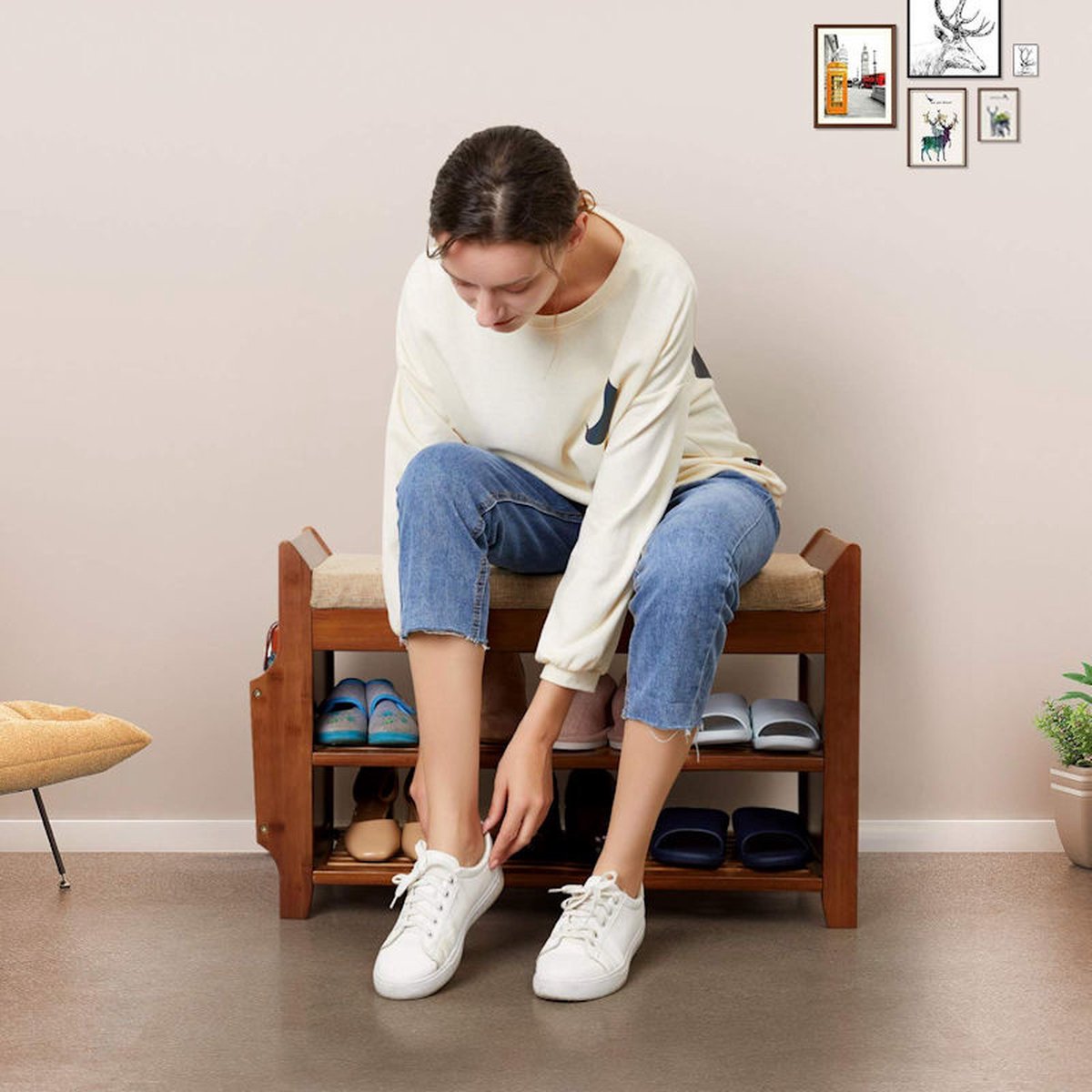 Schoenenbank 6 paar schoenen met Zitkussen & Opbergvak Paraplu's + Opberglade - Open Schoenenrek hout 78.5 cm breed (0090165159552)