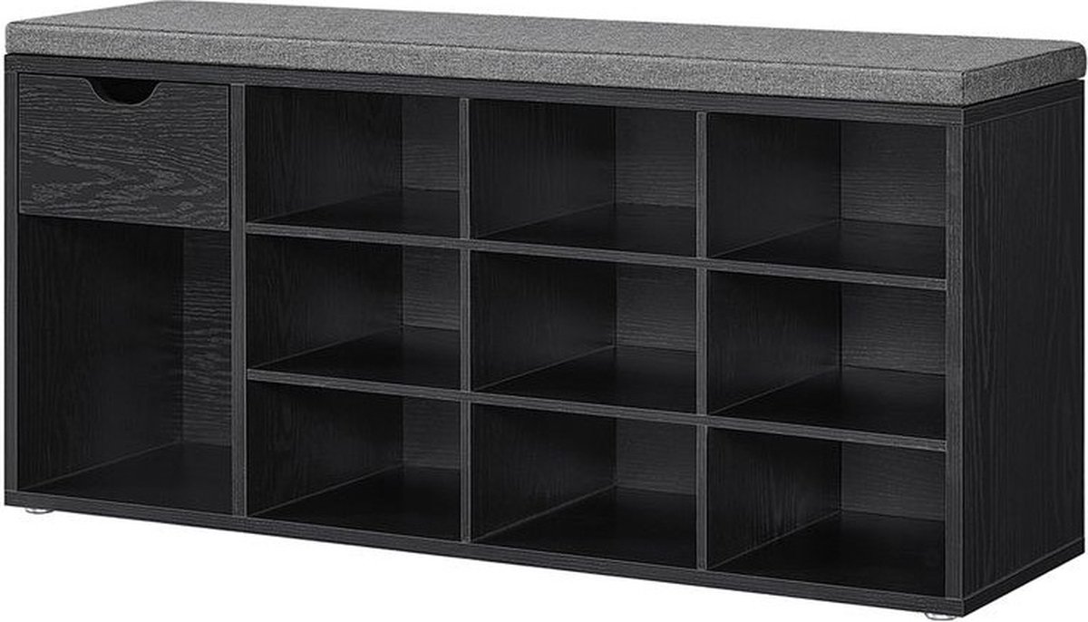 Schoenenbank met lade en open vakken - Schoenenrek - Schoenenkast Gewatteerde zitting Hal Slaapkamer Entree - Zwart (8720849723848)