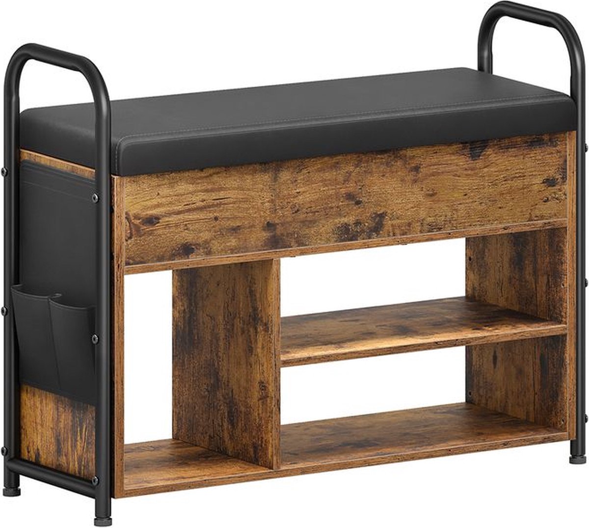 Schoenenbank - schoenenrek met binnenopslag - rustiek bruin en zwart - 30 x 80.6 x 62.5 cm (9504815446486)