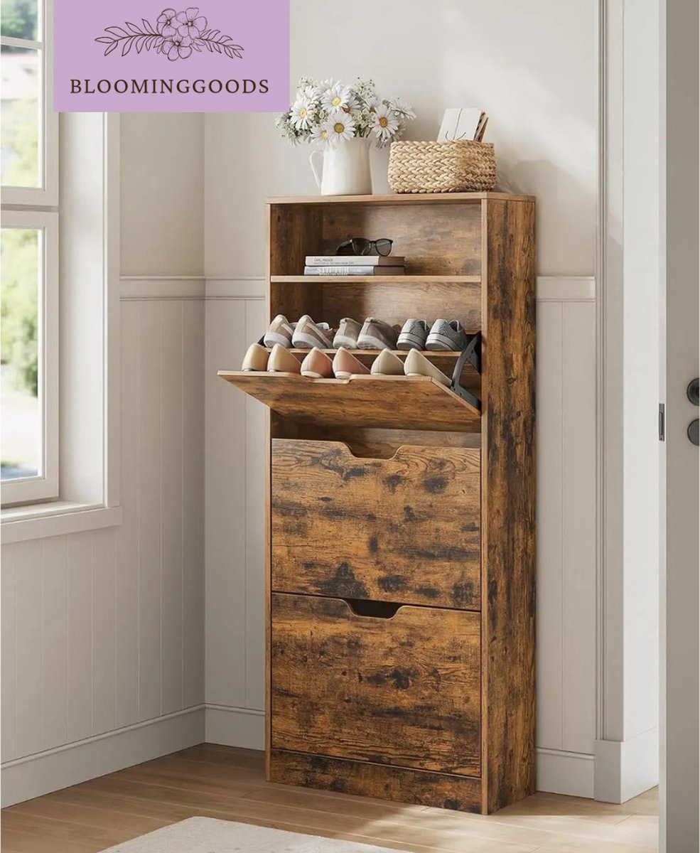 Schoenenkast - Opbergkast voor schoenen - Schoenenrek - 3 Vakken - Van hout - Bruin - 14-18 Paar Schoenen - 24x60x139 cm (8721249079436)