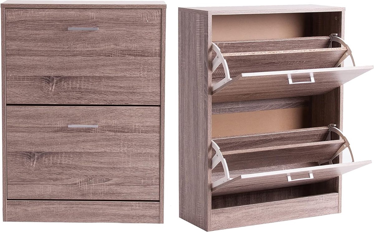 Schoenenkast voor entree, Henche, schoenenkast, hout, 2 laden, bruin, 60 x 81,5 x 24 cm (7595981418942)