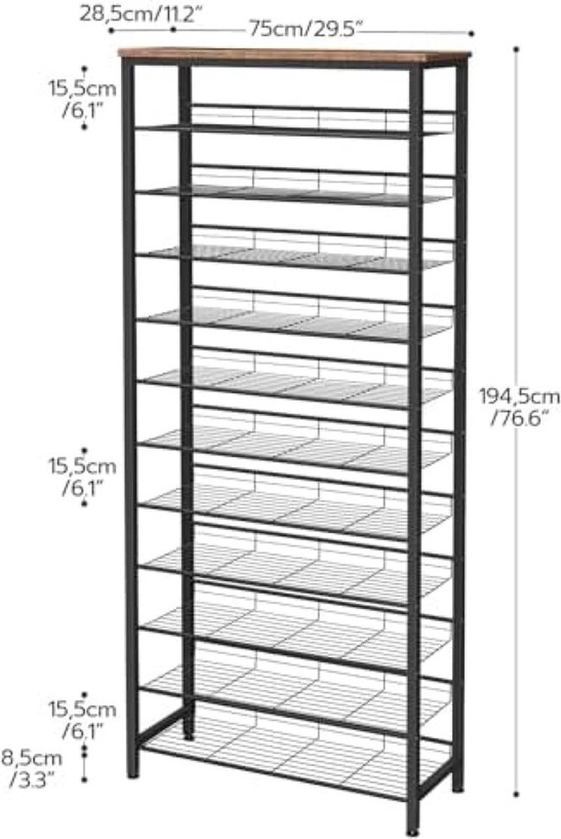 Schoenenrek hoog, schoenenopbergorganizer met grote capaciteit, schoenenrek met 12 niveaus voor 44-55 paar schoenen, 75 x 28,5 x 194,5 cm, verstelbare metalen planken, schoenenopbergunit (8721242143851)