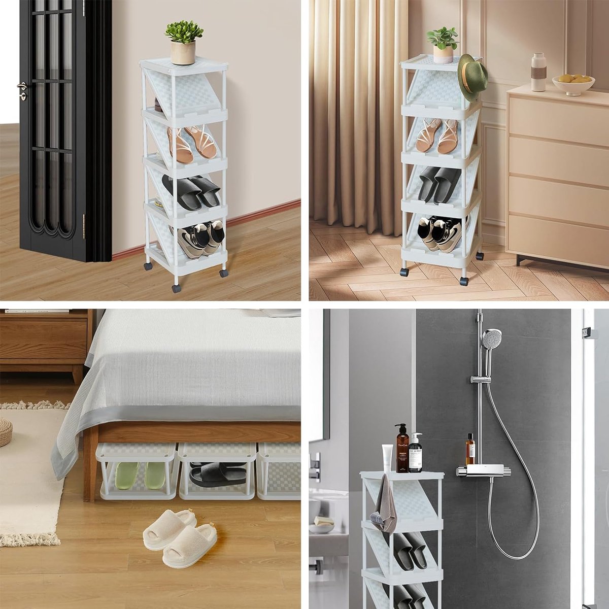 Schoenenrek, smal, wit, schoenenrek 9 etages, ruimtebesparend schoenenrek met wielen, kunststof, schoenenrek voor hal, slaapkamer, ingang, 32 x 28 x 103 cm (4803357370538)