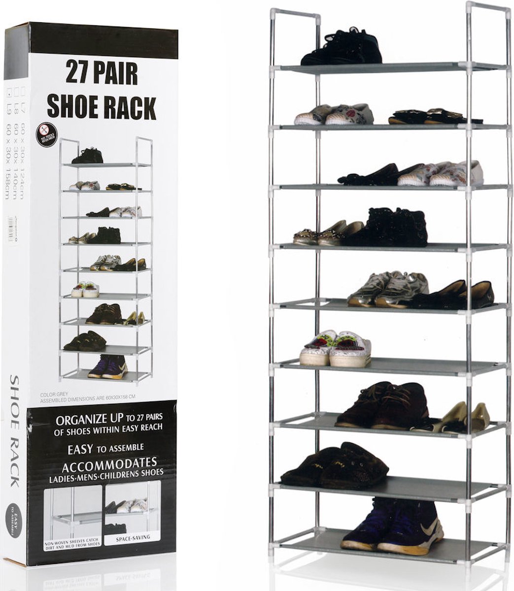 Schoenenrek voor 27 Paar Schoenen - 9 Laags - Schoenenkast - Schoenen Organizer Rek - Metaal - Kunsstof - Grijs (0090165164563)