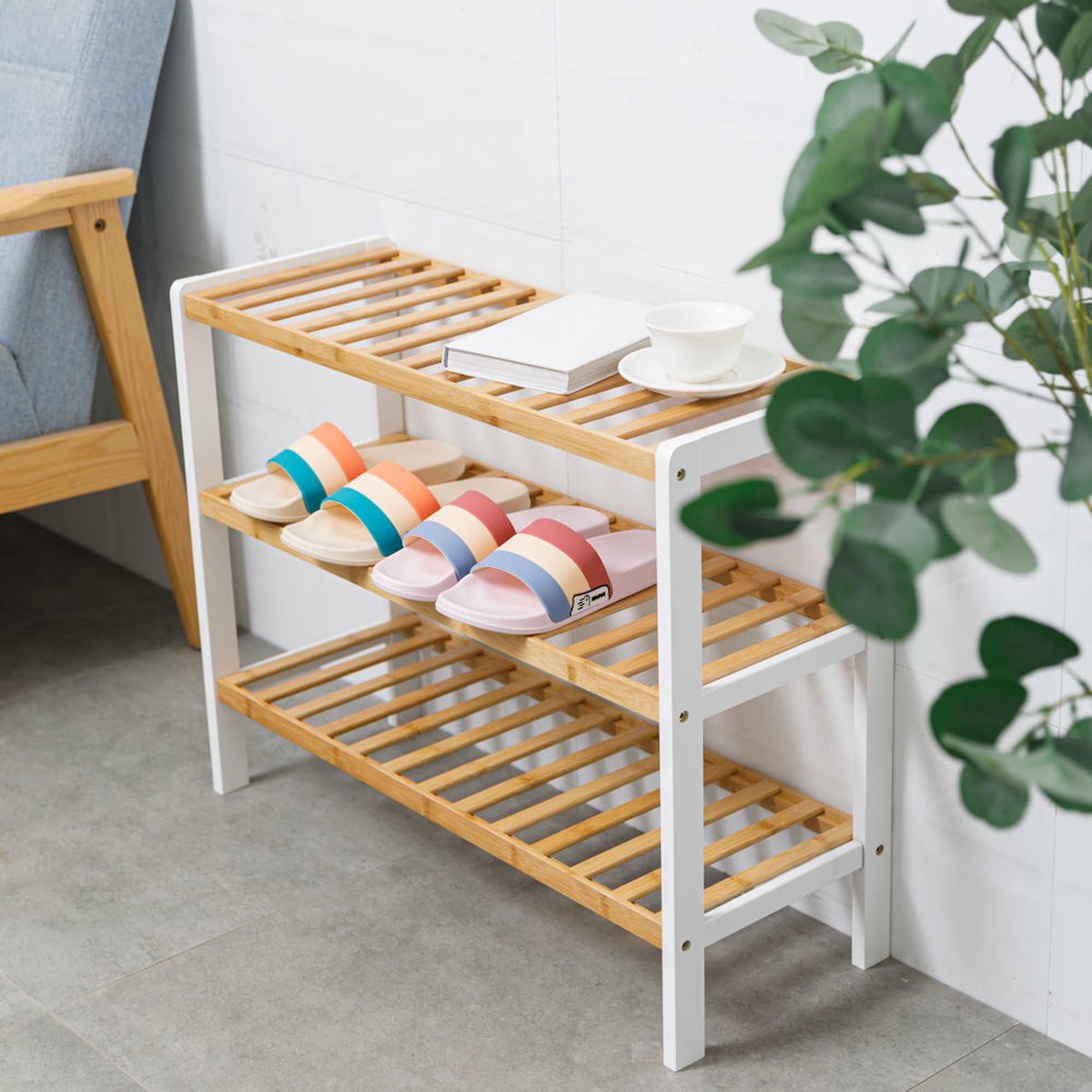 Schoenenrek voor 9 paar schoenen - Schoenen Rek bamboe hout met 3 etages - Opbergrek - badkamerrek - 70 x 26 x 55 Cm (0090165151648)