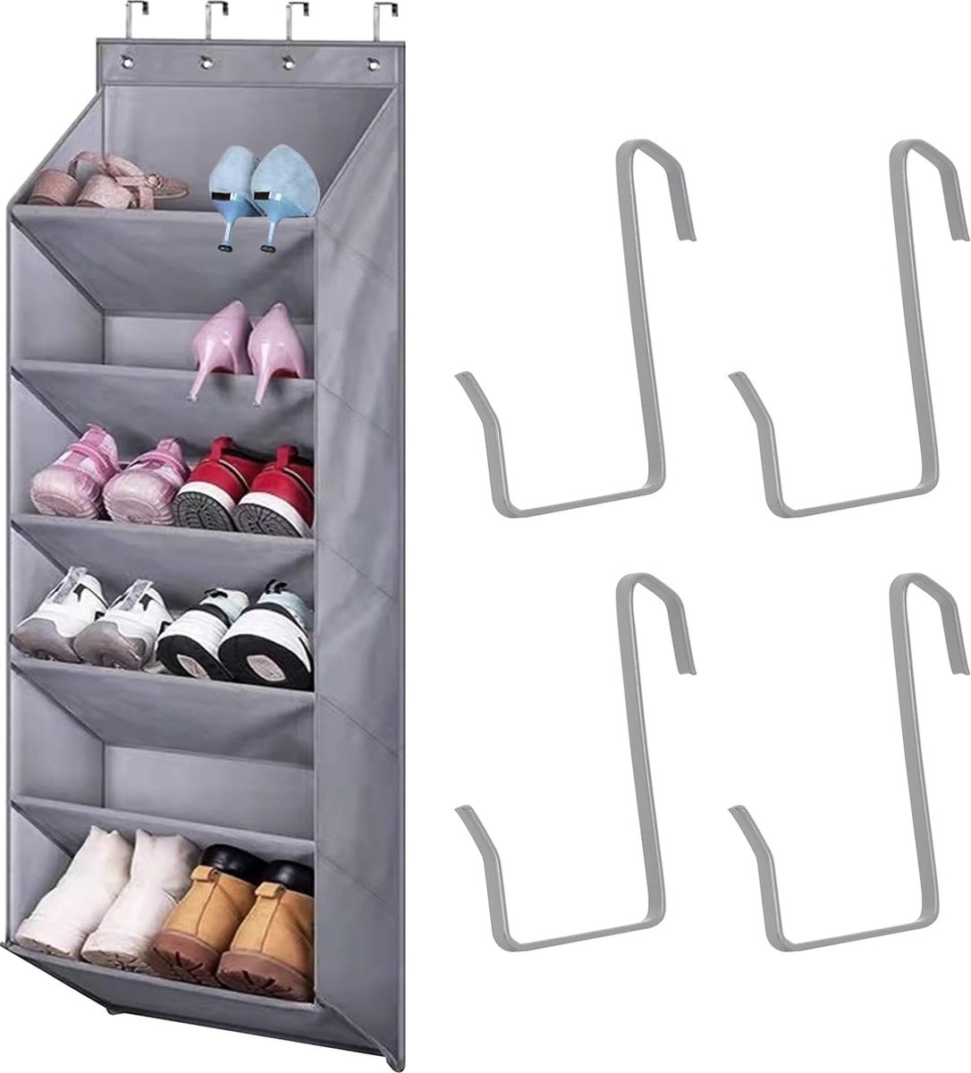 Schoenorganizer voor de deur, 6 planken, hangend schoenenrek met diepe vakken voor 12 paar, multifunctionele schoenenopslag om op te hangen aan deuren, hangende organizer voor kasten en deuren, grijs (4800437207920)