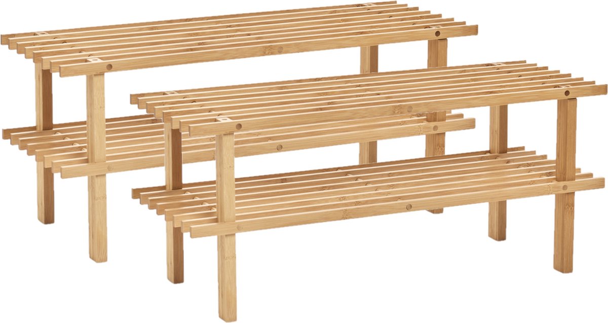 Set van 2x stuks bamboe houten schoenenrek/schoenenstandaard 2-laags 70 x 26 x 30 cm - Schoenen opbergen (8720576929001)