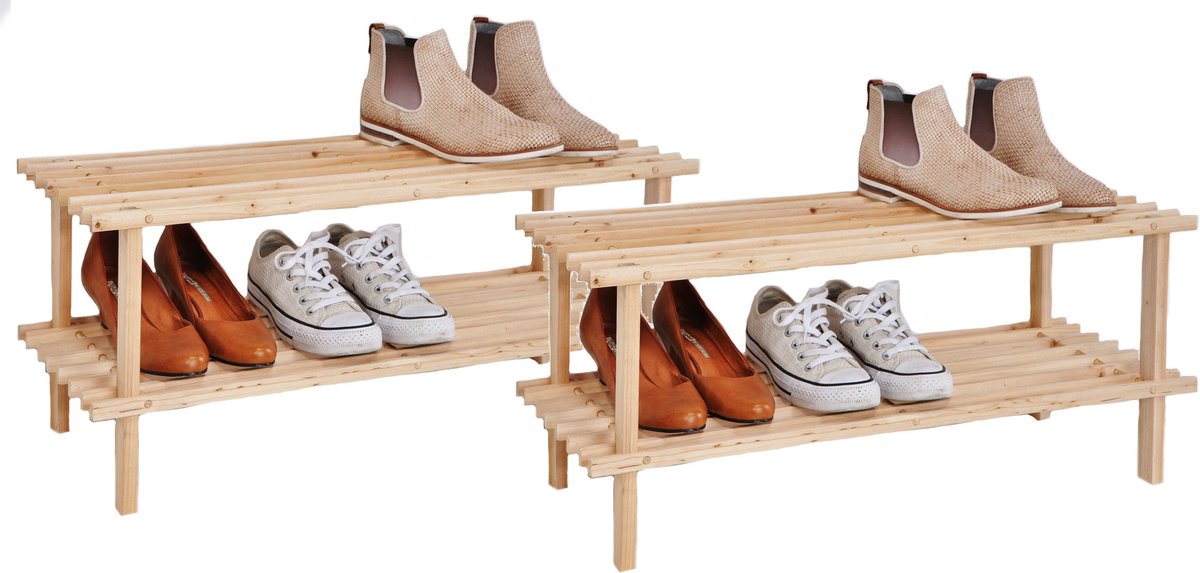 Set van 2x stuks houten schoenenrek/schoenenstandaard 2-laags 74 x 26 x 29,5 cm - Schoenen opbergen (8720576708460)