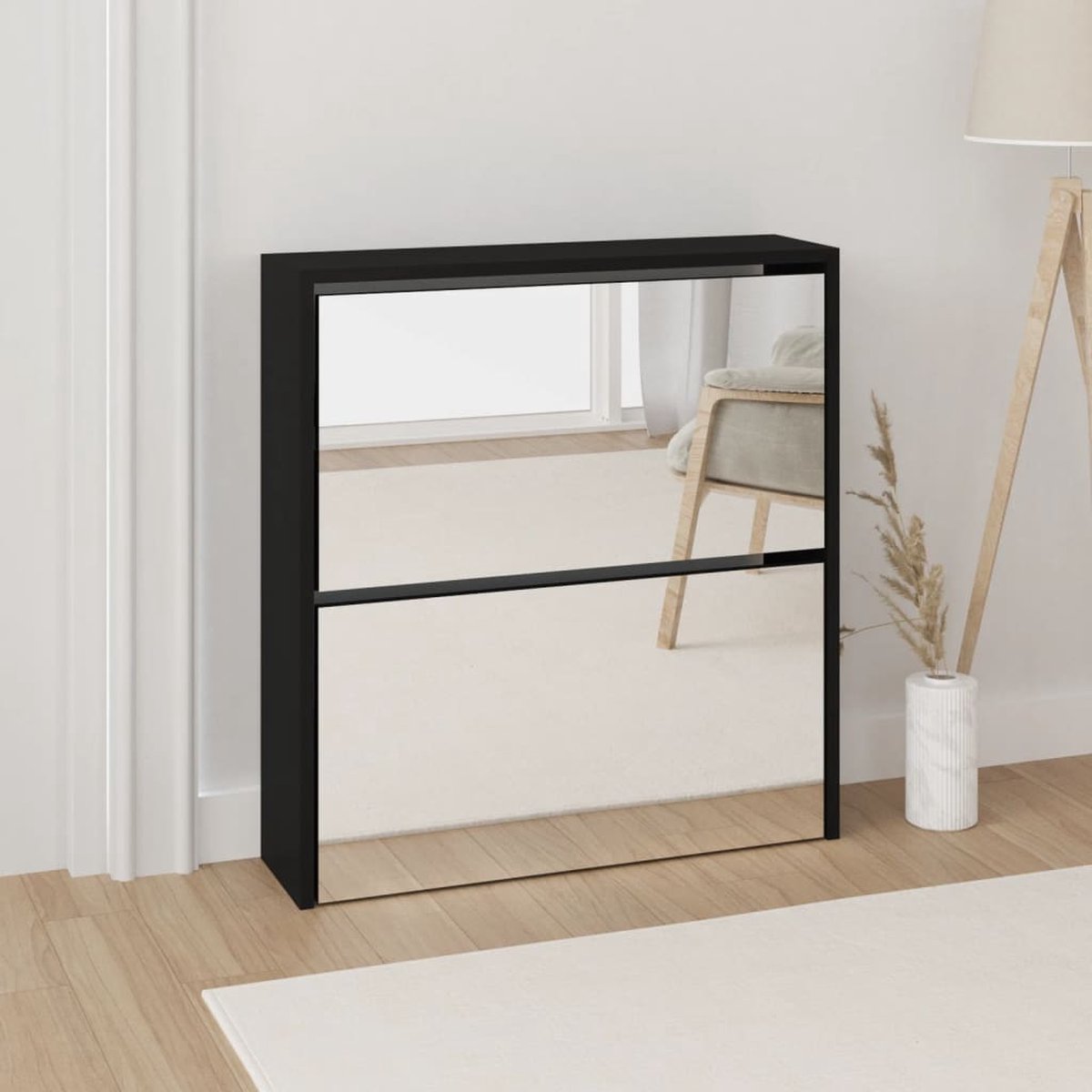 Stijlvolle zwarte schoenenkast met spiegel Schoenenkast - Schoenen Organisatie - Houten Schoenenkast - Zwarte Schoenenkast - Entryway Furniture - Hallstand - Bergruimte (8119664070174)