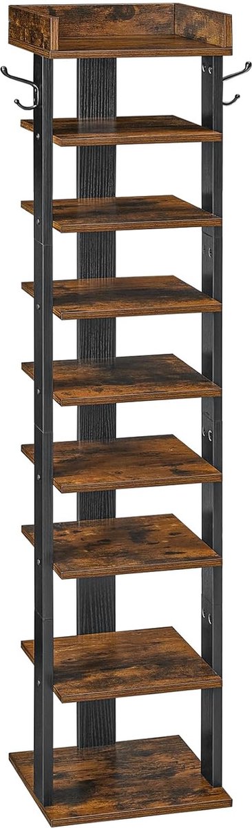 TRANKIELO® - Slank 9-Laags Schoenenrek - Houten Schoenenorganizer met Dubbele Haak - Industrieel Design in Rustiek Bruin en Zwart (8721271507426)