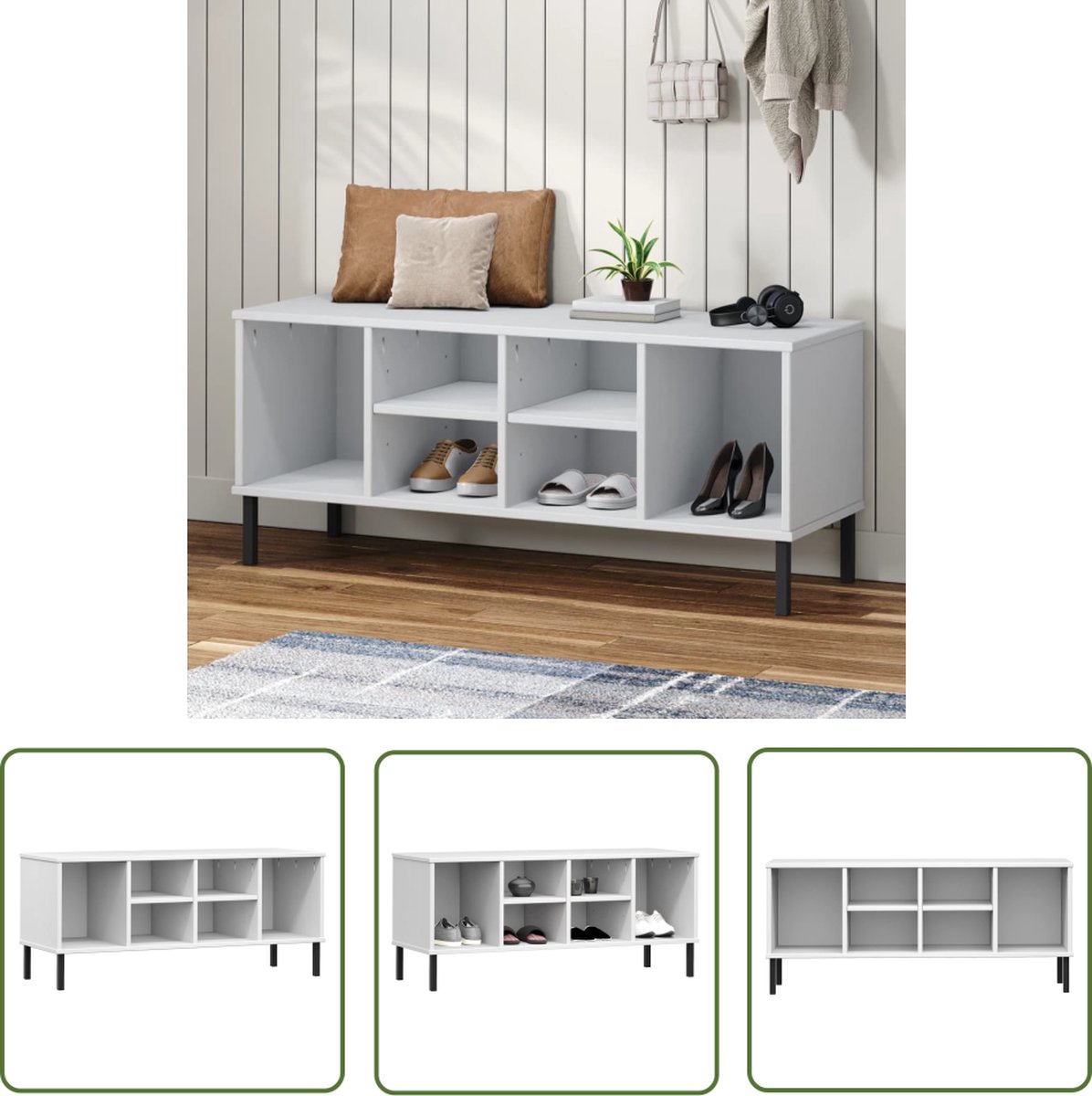 The Living Store OSLO Schoenenkast - 106 x 35 x 45 cm - Massief grenenhout met metalen poten (8721031231400)
