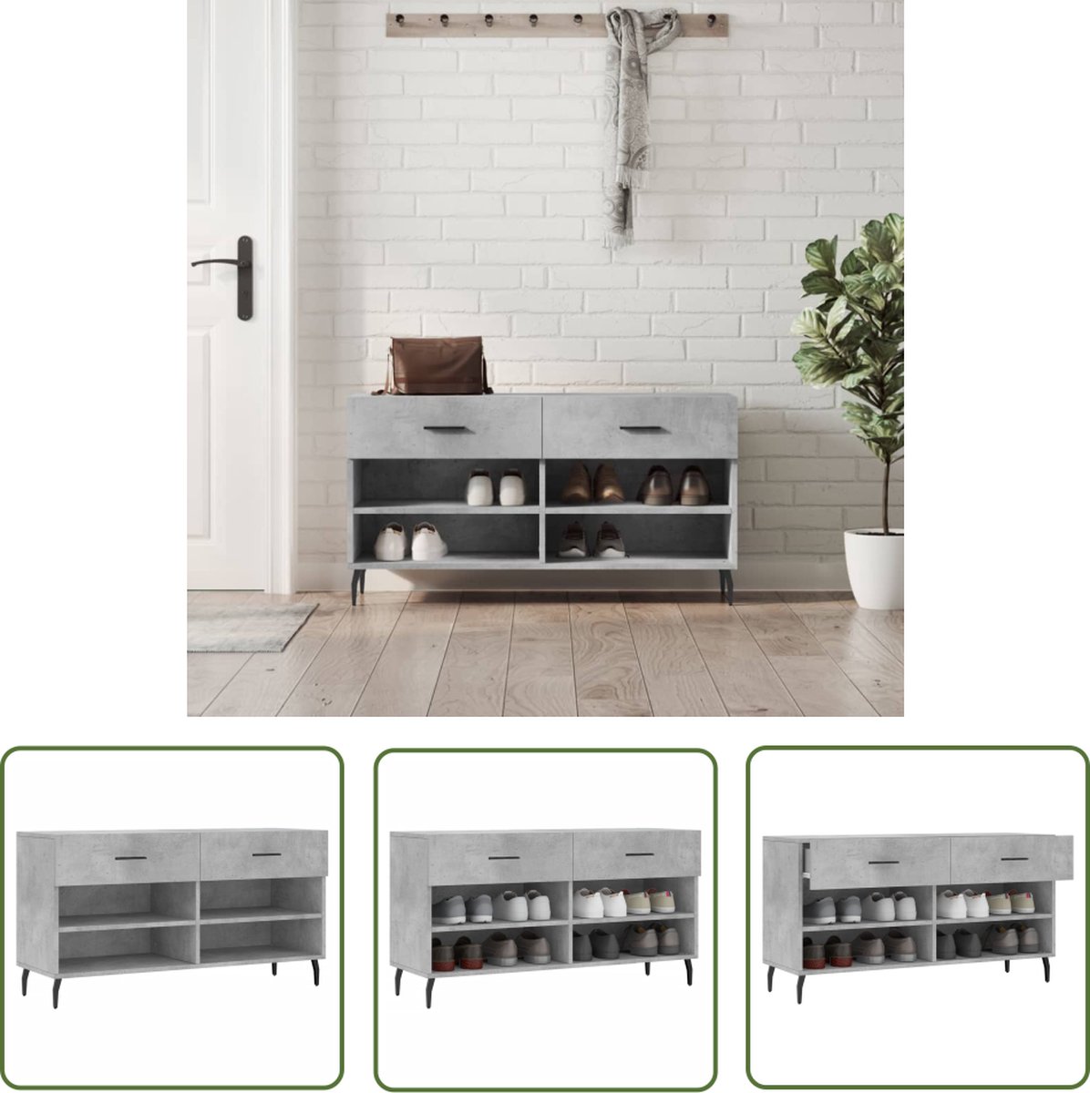 The Living Store Opbergbank Betongrijs - Schoenenbank met opbergruimte - 102 x 35 x 55 cm - Duurzaam hout en ijzer (8721032204700)