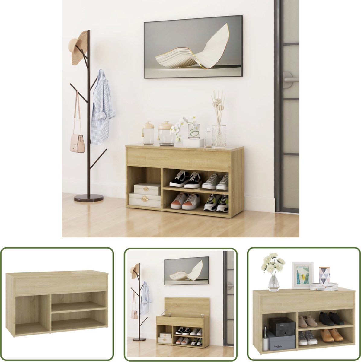 The Living Store Opbergbank Sonoma Eiken - Schoenenkast - 80 x 30 x 45 cm - Ruimtebesparend (8721031228561)