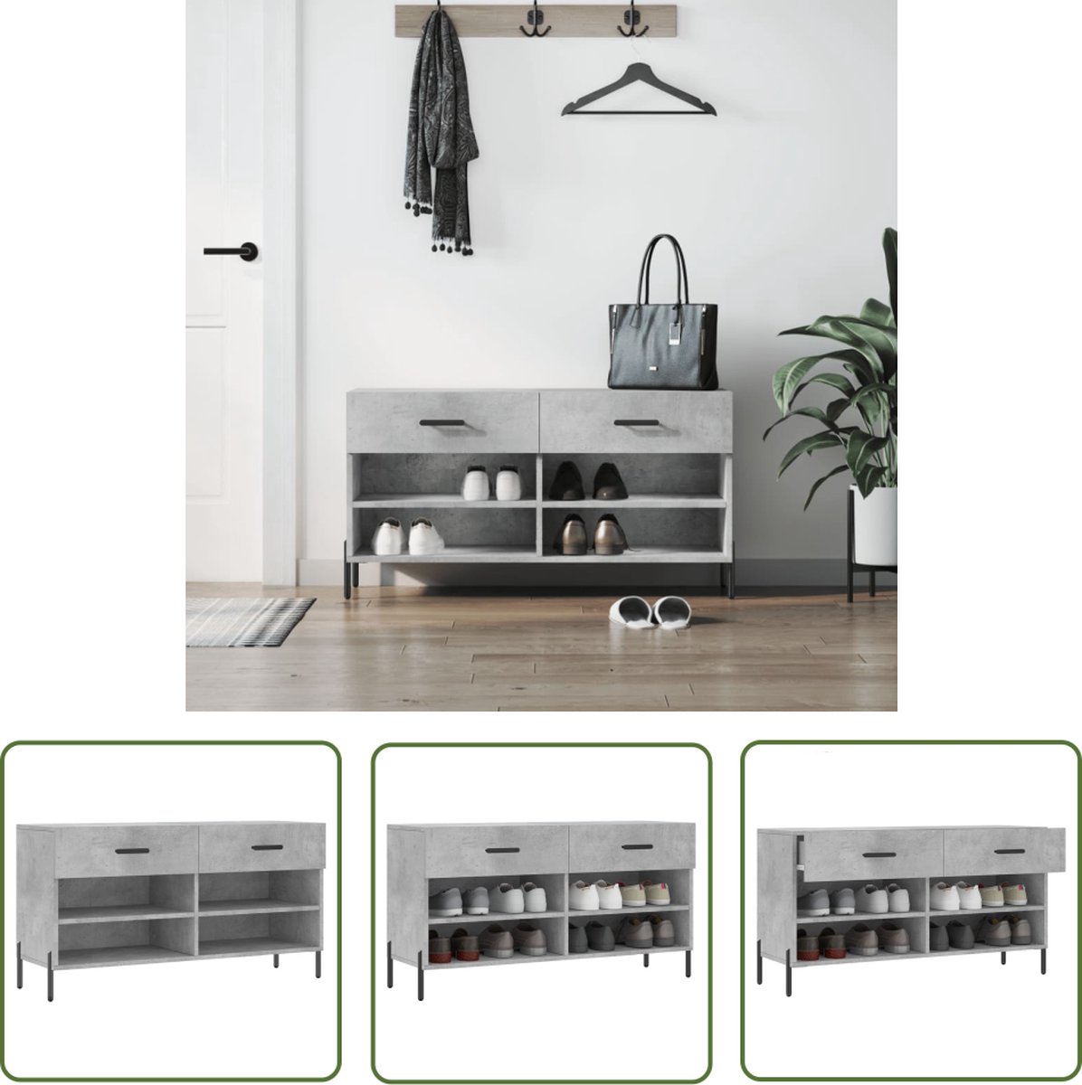 The Living Store Schoenenbank 102x35x55 cm bewerkt hout betongrijs - Schoenenbank - Schoenuitlegger - Bergruimte - Houten Bank - Grijze Bank (8721032056224)