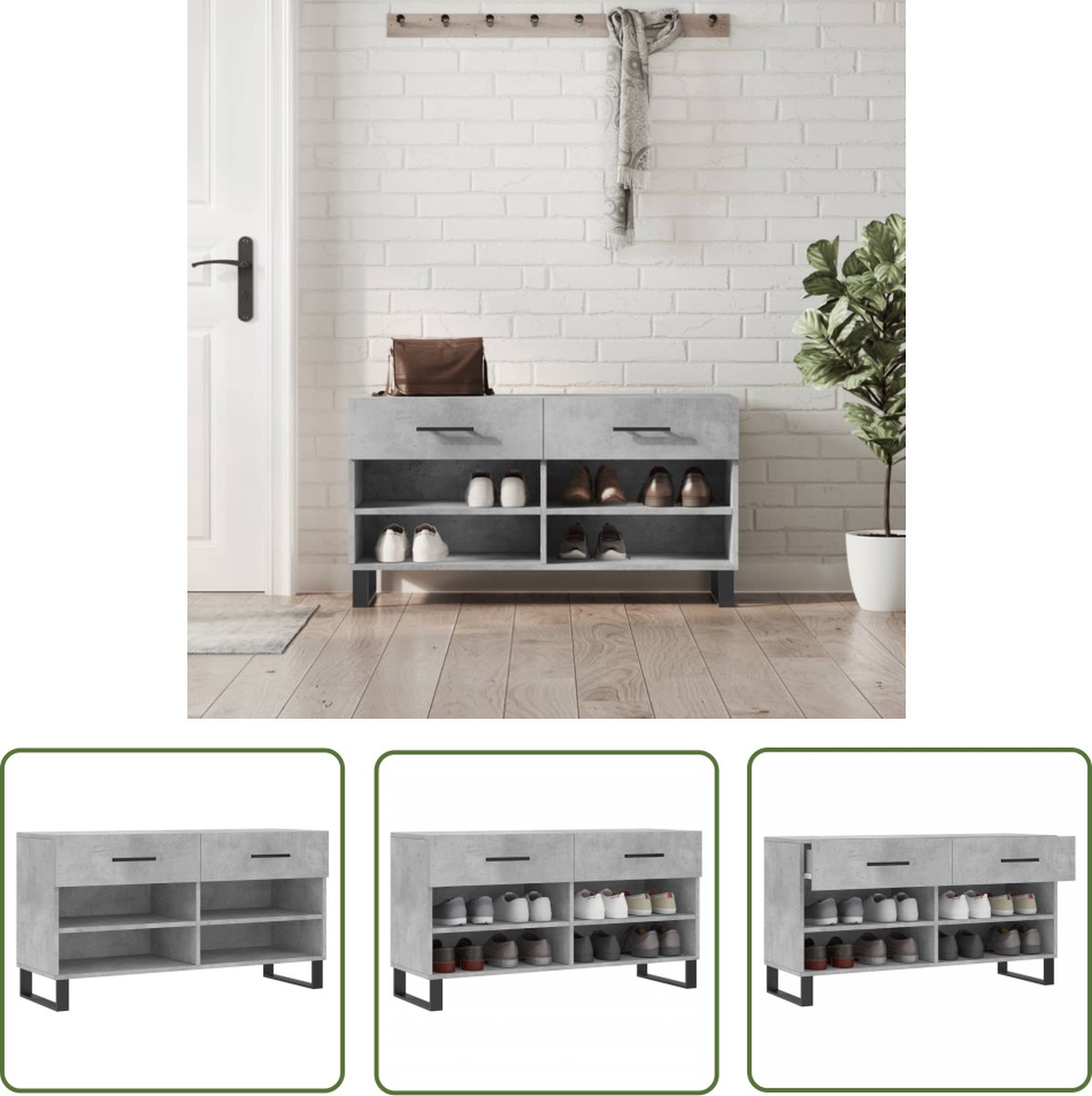 The Living Store Schoenenbank Betongrijs - Bewerkt hout en ijzer - 102 x 35 x 55 cm - Trendy en praktisch (8721032128730)