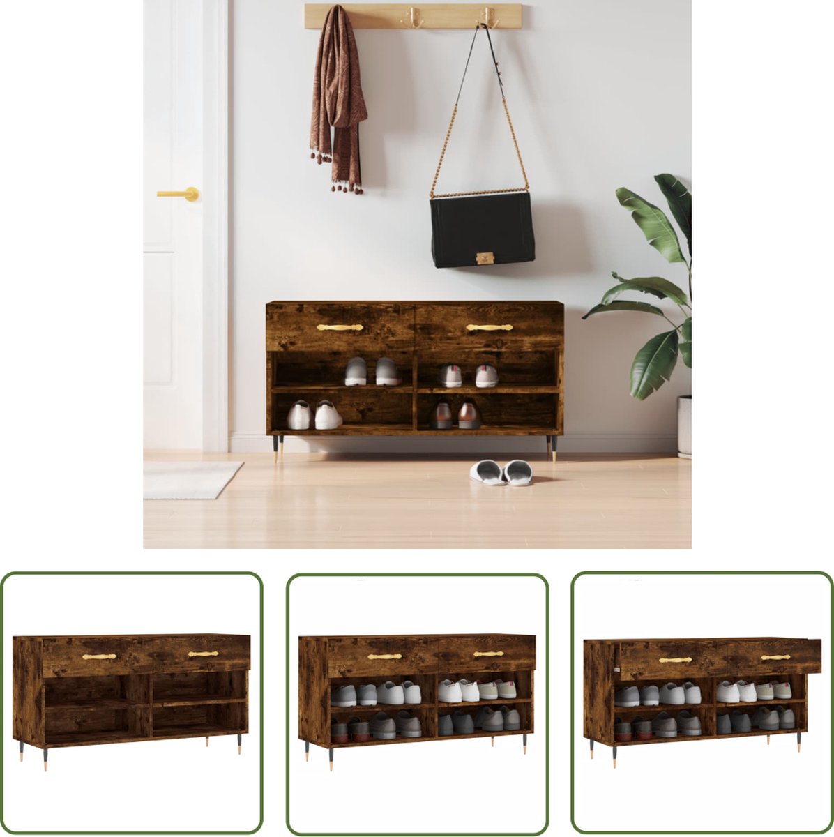 The Living Store Schoenenbank - Gerookt eiken - 102x35x55 cm - Opbergruimte - Stevig blad - Ijzeren poten (8721032126057)