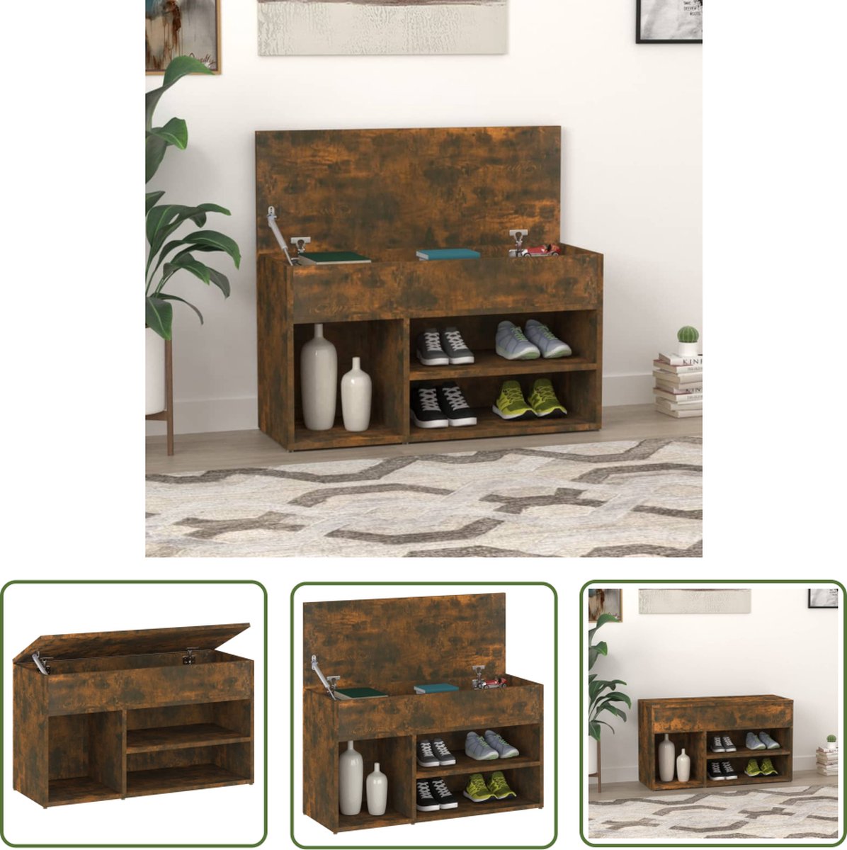 The Living Store Schoenenbank - Gerookt eiken - 80 x 30 x 45 cm - Praktisch opbergmeubel (8721031228554)