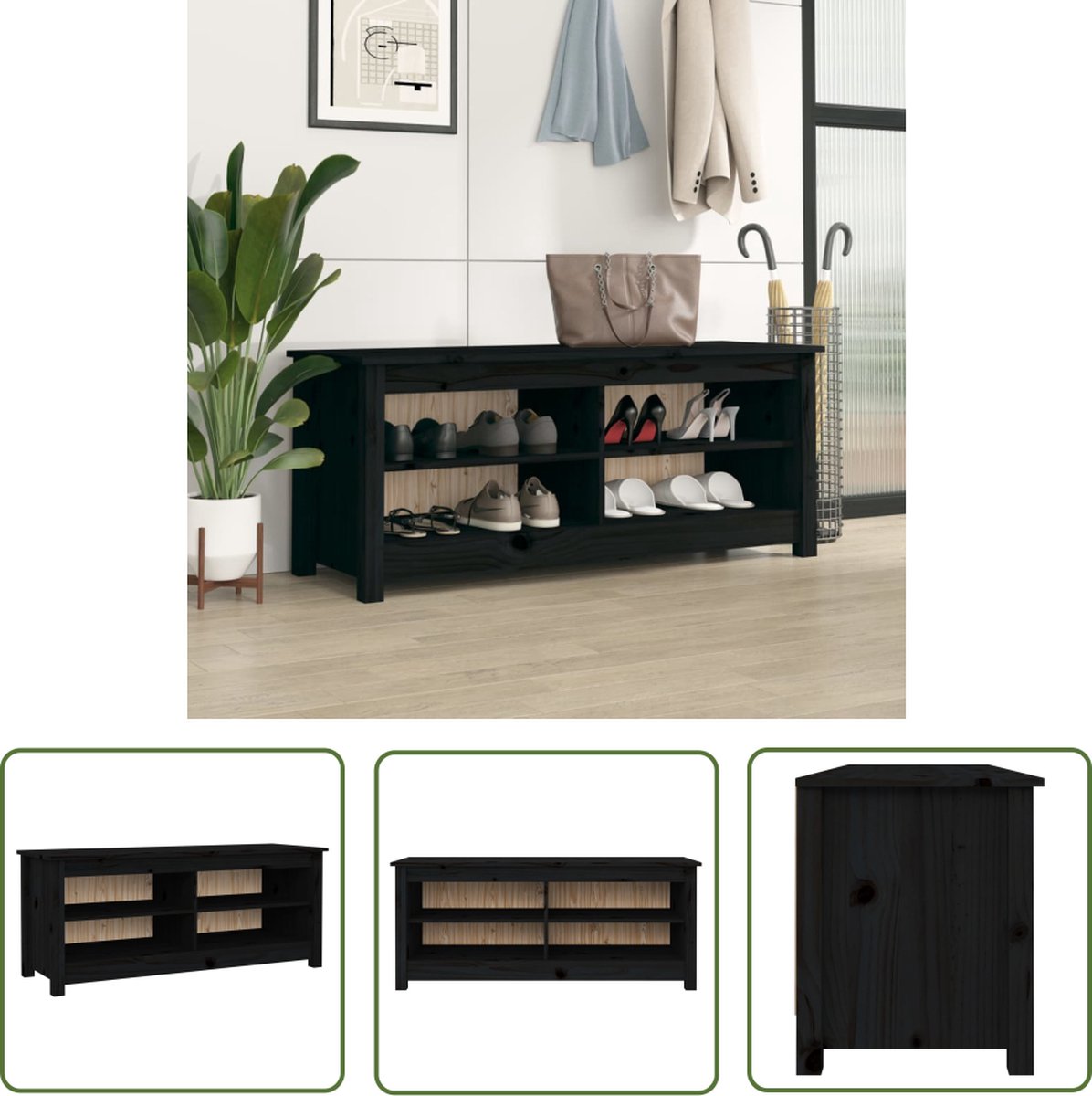 The Living Store Schoenenbank - Grenenhout - 110 x 38 x 45.5 cm - Zwart (8721031229964)