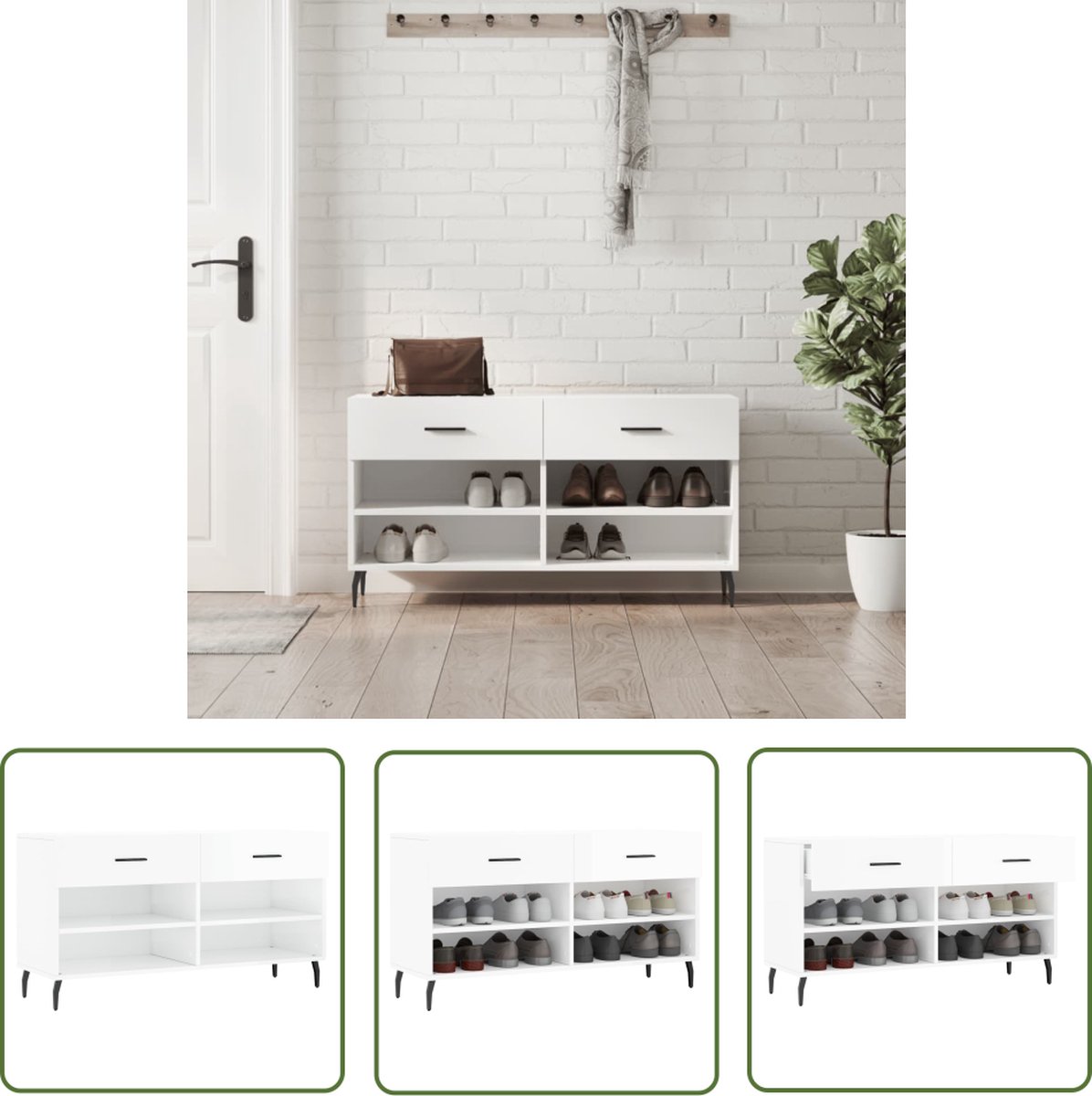 The Living Store Schoenenbank - Houten constructie - 102x35x55 cm - Hoogglans wit (8721032280308)