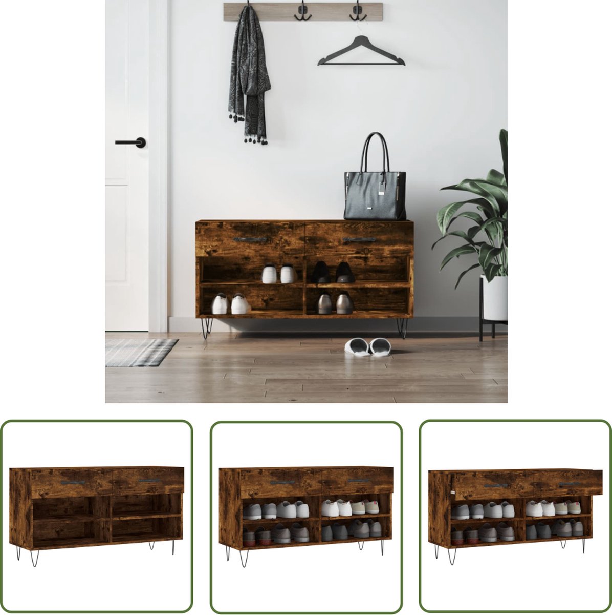 The Living Store Schoenenbank Industrieel - 102 x 35 x 55 cm - Gerookt eiken - Montage vereist (8721032126774)