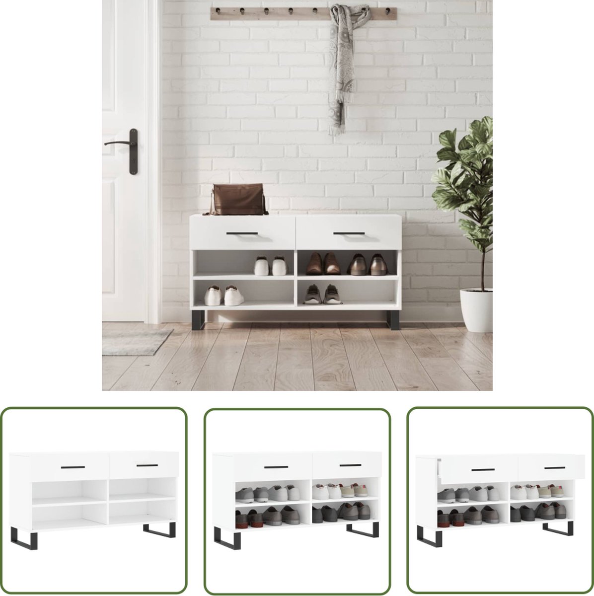 The Living Store Schoenenbank Industrieel - Hout en IJzer - 102x35x55 cm - Met 2 lades en 4 planken (8721032280186)