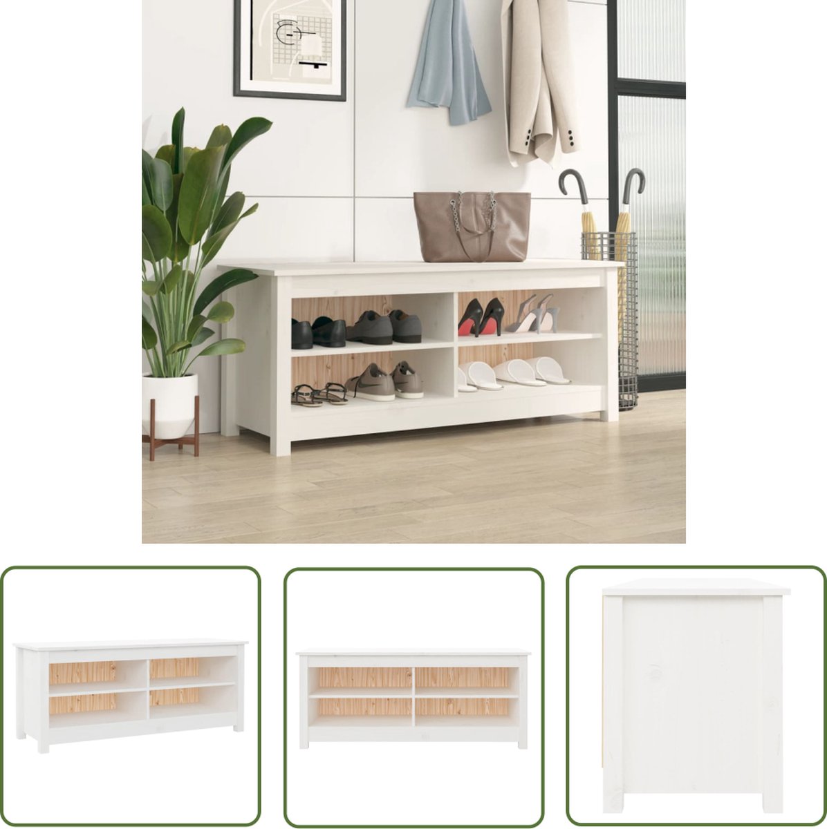 The Living Store Schoenenbank Massief Grenenhout - 110 x 38 x 45.5 cm - Wit (8721031228882)