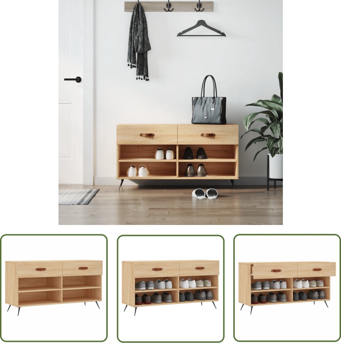 The Living Store Schoenenbank Sonoma Eiken - 102 x 35 x 55 cm - Duurzaam materiaal en veel opbergruimte (8721032278480)