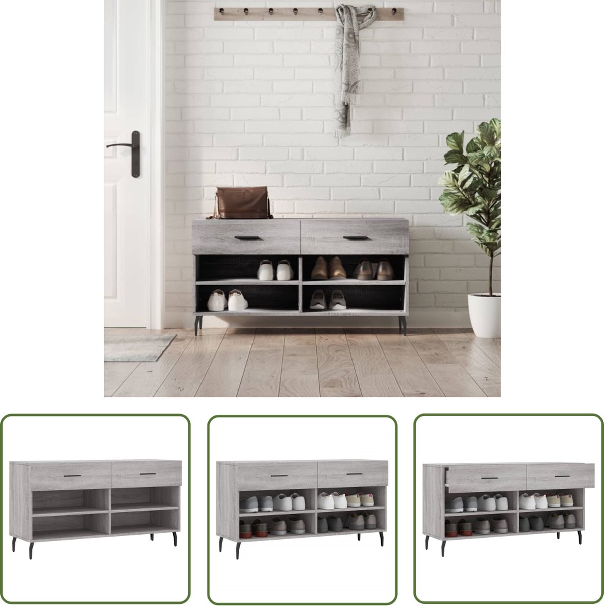 The Living Store Schoenenbank - Trendy en praktisch - Ruime opbergruimte - Stevig blad - IndustriÃ"le stijl - Kleur- grijs sonoma eiken - Afmetingen- 102 x 35 x 55 cm - The Living Store (8721032204625)