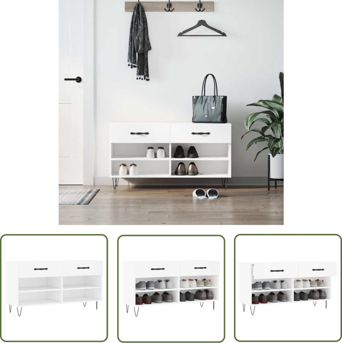 The Living Store Schoenenbank - Wit - 102 x 35 x 55 cm - Bewerkt hout en ijzer (8721032279166)