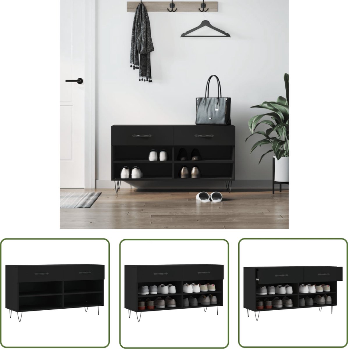 The Living Store Schoenenbank - Zwart - 102 x 35 x 55 cm - Duurzaam hout - Ijzeren poten (8721032051977)