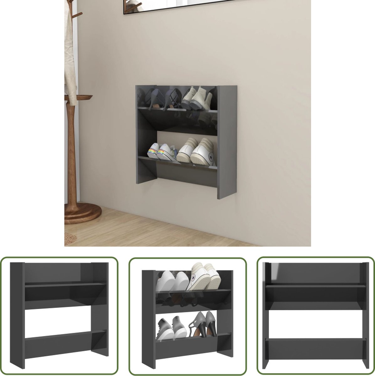 The Living Store Schoenenkast 1 - Wandgemonteerde Schoenenopberger - 60x18x60cm - Hoogglans Grijs (8721031230854)