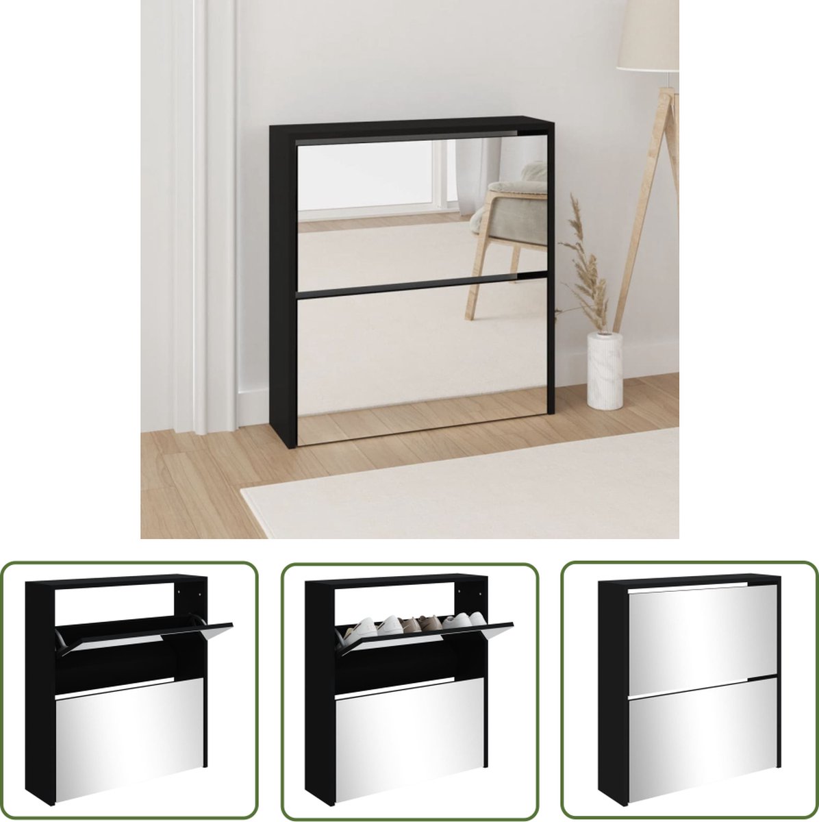 The Living Store Schoenenkast - 2-laags - Zwart - 63x17x67 cm - Duurzaam bewerkt hout - 2 lades (8721032245147)