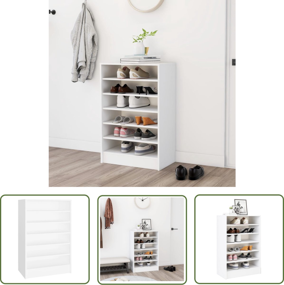 The Living Store Schoenenkast 60x35x92 cm bewerkt hout wit - Schoenenkast - Schoenenopbergers - Houten Schoenenkast - Wit Schoenenkast - Organisatie (8721032082520)