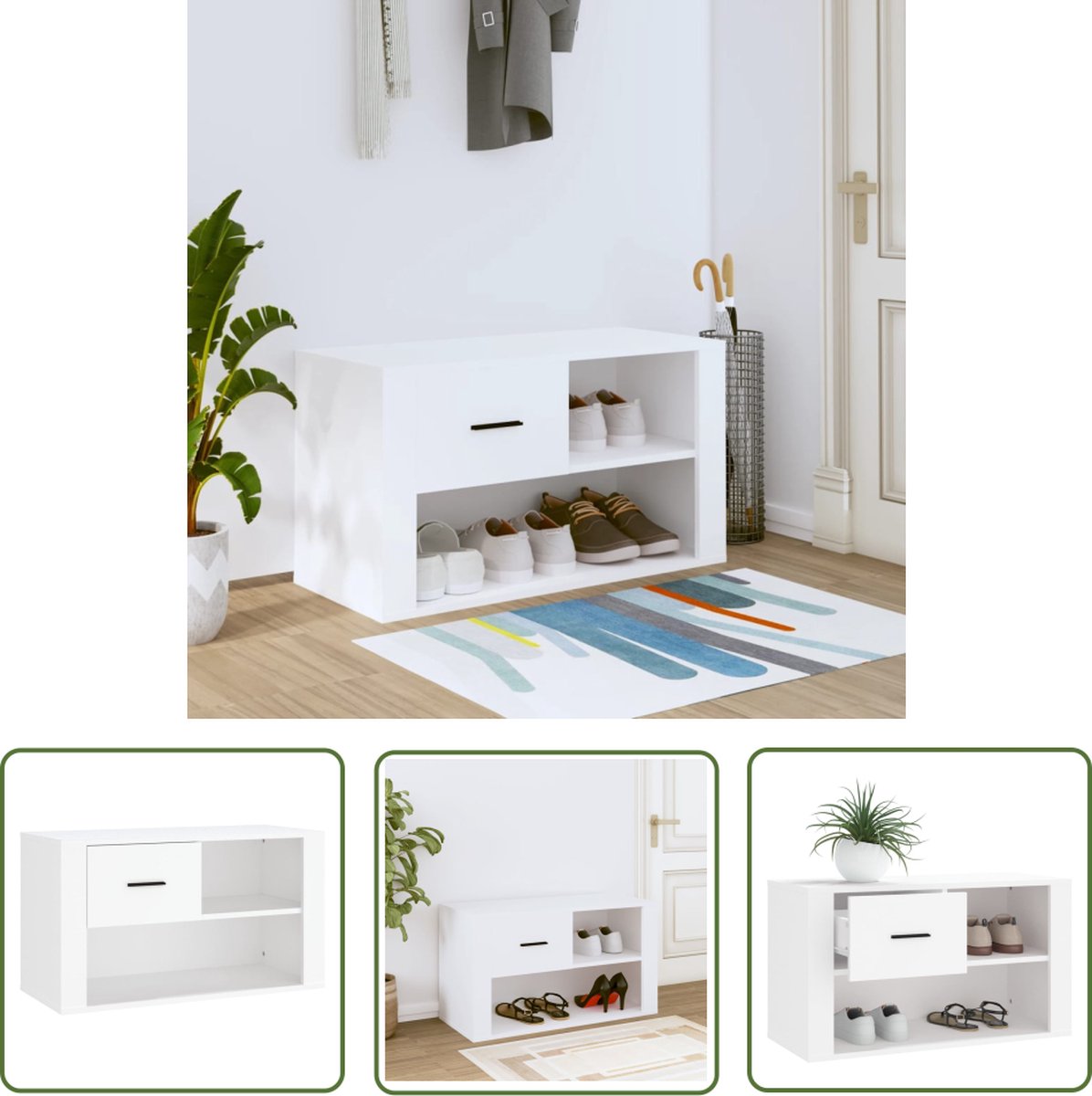 The Living Store Schoenenkast 80x35x45 cm bewerkt hout wit - Schoenenkast - Schoenuitleg - Bergruimte - Houten Meubels - Wit Meubel (8721031231509)