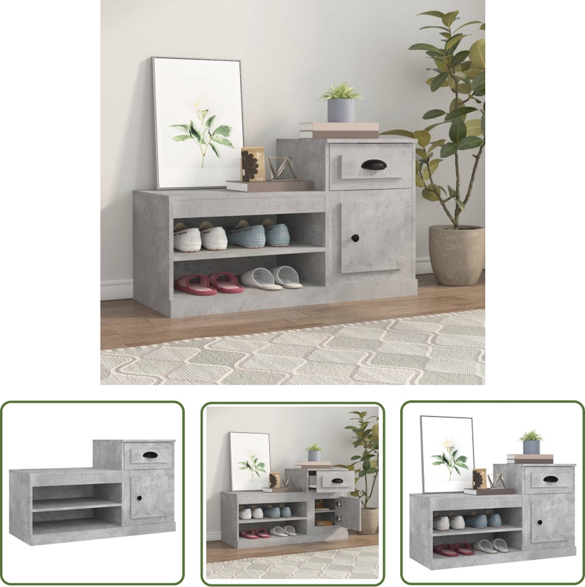 The Living Store Schoenenkast - Betongrijs - 100 x 42 x 60 cm - Duurzaam hout - Hoge en lage kast (8721031230281)