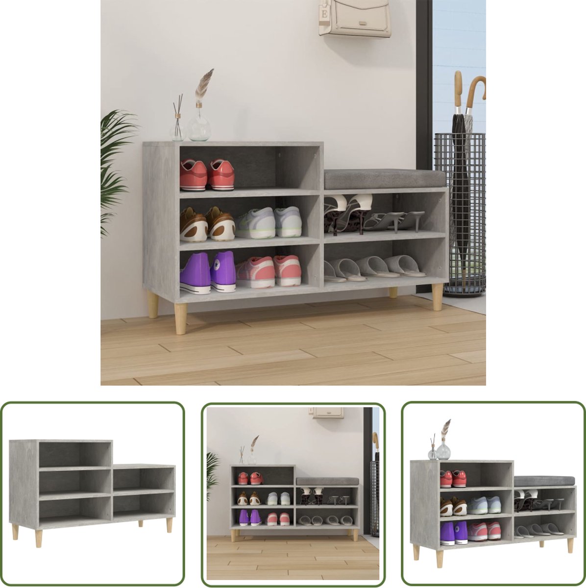 The Living Store Schoenenkast - Betongrijs - 102 x 36 x 60 cm - Duurzaam bewerkt hout en eucalyptushout - Schoenenkast - Schoenen Organisatie - Bergruimte - Houten Kast - Grijze Kast (8721032117949)
